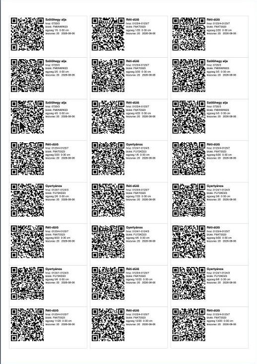 QR-kódos matrica-ív a mintazacskókra