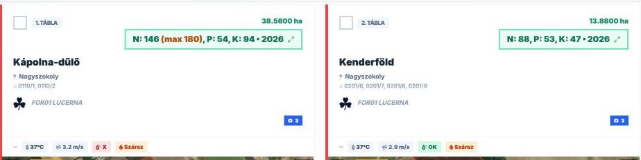 NPK tápterv-adatok a parcella-kártyákon